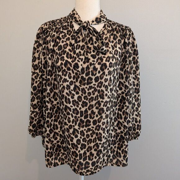 Tops - A Love Story Leopard Print Tie-Neck Blouse | Women’s L | Long Sleeve, Polyester